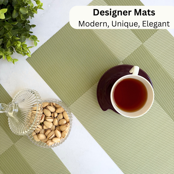 Livmodern Premium Vinyl Table Placemats - Set of 6 mats - Olive Grid