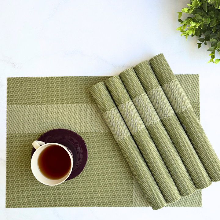 Livmodern Premium Vinyl Table Placemats - Set of 6 mats - Olive Grid