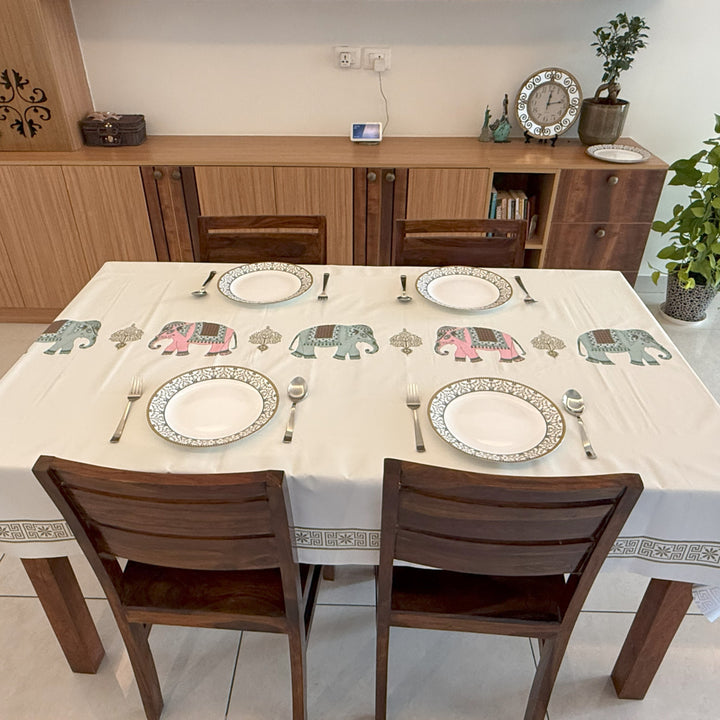 Livmodern Premium Vinyl Dining Table Cover | 6 Seater | Waterproof | Modern Elegant Design - Beige Tuskers