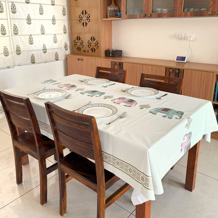 Livmodern Premium Vinyl Dining Table Cover | 6 Seater | Waterproof | Modern Elegant Design - Beige Tuskers